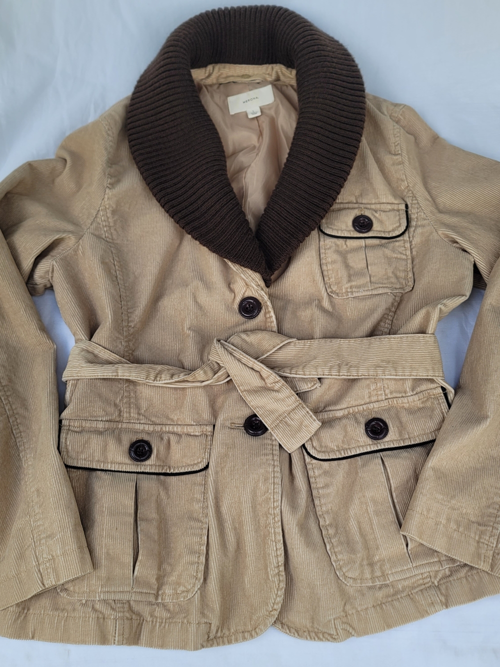 Belted Corduroy Utility Jacket with Shawl Collar - Tan